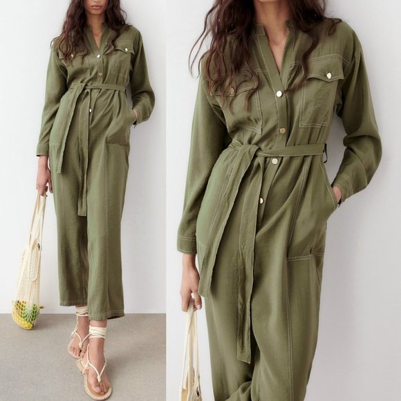 NEW Zara Olive Green Modal Long Sleeves Contrasting Topstitch Belted Jumpsuit S - Picture 2 of 9